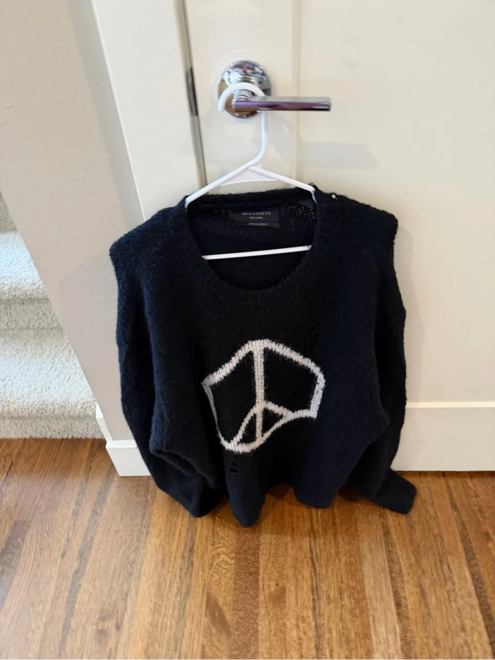 AllSaints Black Crewneck Sweater with White Peace Motif